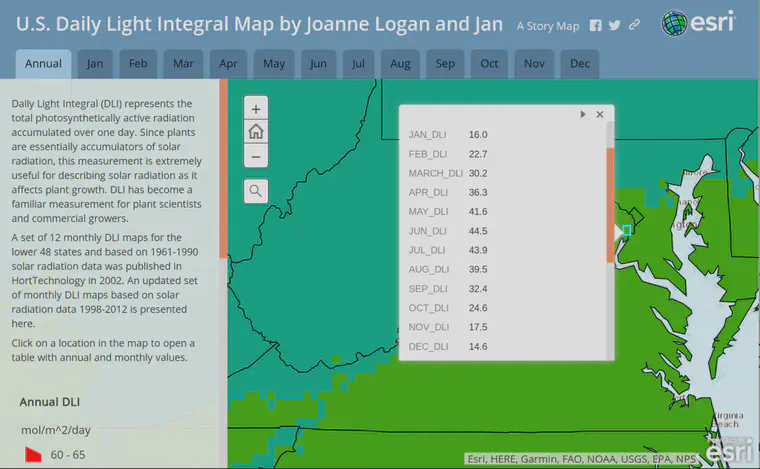 Average daily light integral data (based on 1998 to 2012 measurements) for anywhere in the USA are available from the map prepared by Joanne Logan and James Faust.