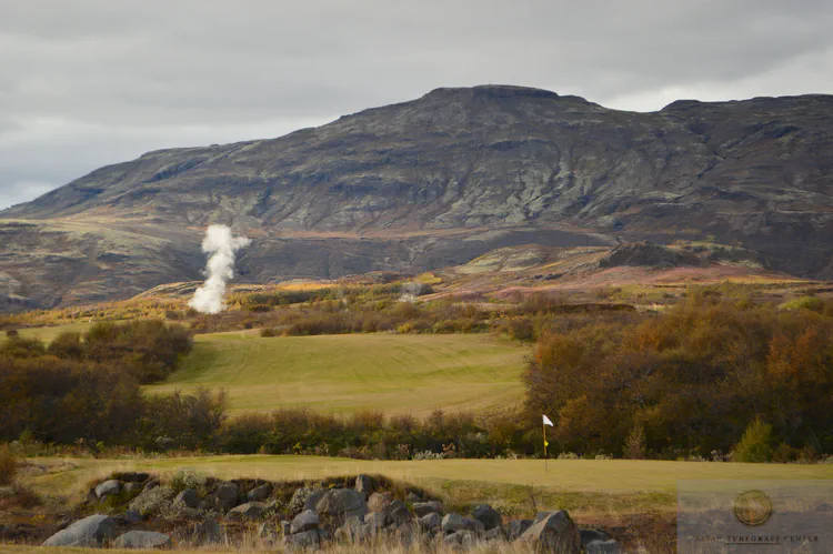 Geysir GC is in the town of Geysir, named after the geyser of the same name, and is the root of the English word **geyser**. Strokkur geyser is erupting here.