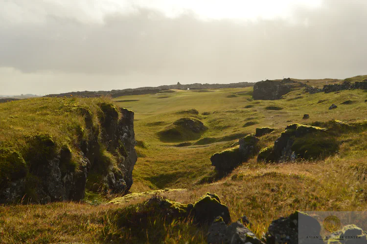 The par four 10th hole at Grindavik GC has a unique natural hazard. The entire right side of the hole, especially pronounced near the green, is a depression from the Mid-Atlantic Ridge, also known as the Reykjanes Ridge. This tectonic plate boundary separates the Eurasian Plate from the North American Plate and is moving apart at an average rate of 2.5 cm per year.