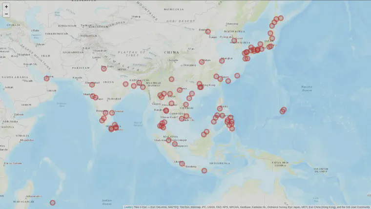 Slide from the presentation with points on the map showing places I've been to study turfgrass in Asia.