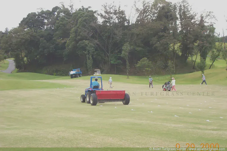 Dropping perennial ryegrass seed on the 14th fairway at Habu CC during overseeding in September 2000