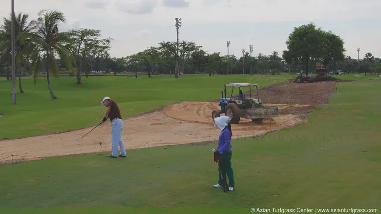 The course, and the hole being worked on, remained open while the grass was changed; paspalum will be planted on the right side and is now ground under repair; the bermudagrass on the left side remains open