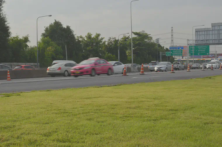 An irrigated highway verge in Bangkok, Thailand, sodded to manilagrass.