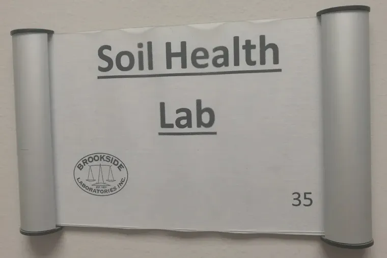 Sign at the entrance to the soil health lab at Brookside Labs in Ohio.