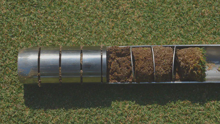 A soil sample from a Tifeagle green in Bangkok. This sampling tool has been modified to easily divide the sample into 2 cm increments.