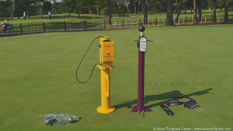 From left to right, this is the ball bearing kit from Precision USA, the Clegg golf course firmness tester from SDI, the Spectrum Trufirm, the Yamanaka tester, and a Spectrum TDR-100. The Precision, Clegg, Trufirm, and Yamanaka measure surface firmness in some way; the TDR-100 measures soil volumetric water content.