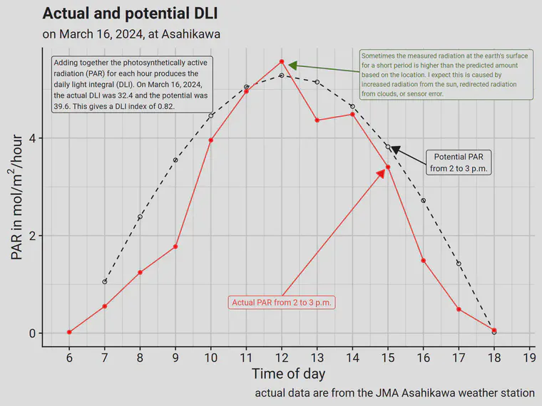Figure 2. The actual and potential DLI for each hour of March 16, 2024, at Asahikawa, Japan.
