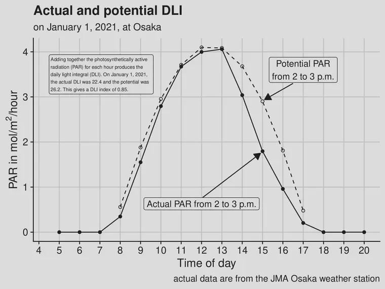 Hourly data for potential and actual photosynthetically active radiation (PAR) at Osaka, Japan, on January 1, 2021. The hourly data can be summed to get the daily total, which is customarily expressed as the daily light integral (DLI).