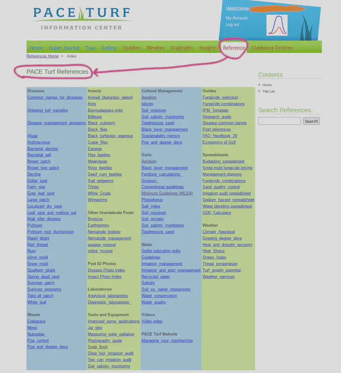The **Reference** section (subscriber-only) is a rapid directory to guidance on pretty much every turfgrass issue you could imagine.
