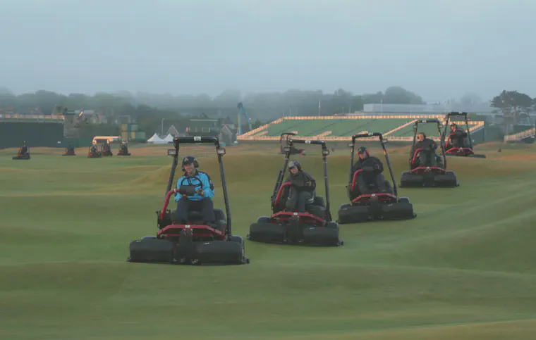 Mowing fairways on the Old Course at St. Andrews during the 2010 Open Championship. Photo by Richard Walne.