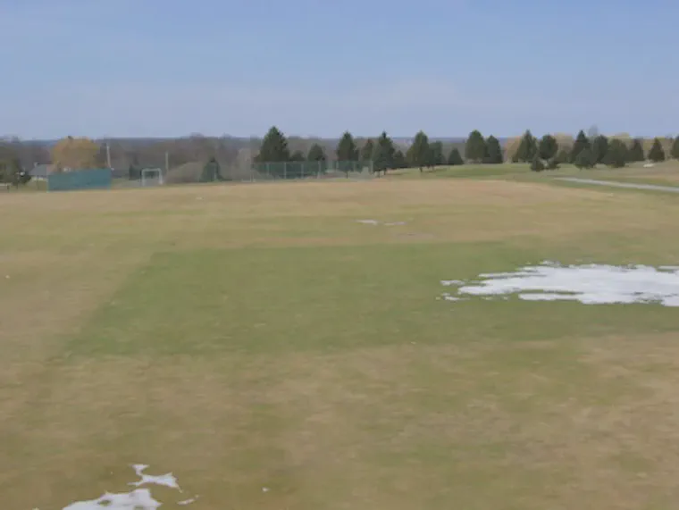 The greener rectangle of bentgrass in the center of this research green did not receive a large dose of late fall nitrogen the previous year; nitrogen was supplied in small doses every 14 days throughout the previous year, including in autumn (L-93 creeping bentgrass, 31 March 2005, Ithaca, NY).