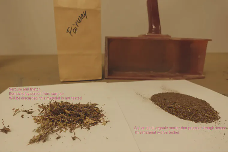 A soil sample from a golf course fairway at Brookside Labs showing the material that has passed through the screen, and will proceed for further testing (at right), with the material screened off at left.