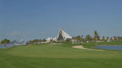 The 18th at Dubai Creek Golf and Yacht Club; bermudagrass fairways are not overseeded, but perennial ryegrass has been overseeded into the rough